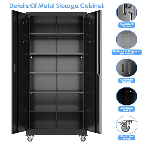 Aobabo Upgraded Garage Storage Cabinets with Wheels,Metal Storage Cabinets with 5 Adjustable Shelves for Garage Home Office Storage, Black,71''H*34''W*18''D,Assembly Required