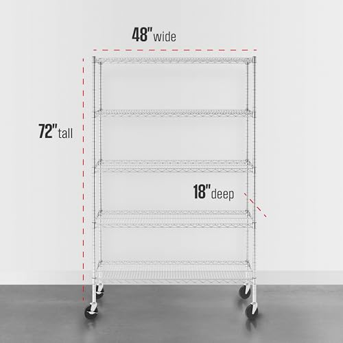 SafeRacks - NSF Certified Storage Shelves, Zinc, Heavy Duty Steel Wire Unit with Wheels and Adjustable Feet, Garage or Bakers Rack, Kitchen, Pantry Shelf - (18"x48"x72" 5-Tier) (Silver)