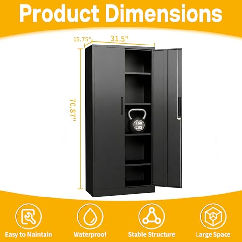 Reegangfa Metal Storage Cabinet with 2 Doors and 4 Adjustable Shelves, 71" Garage Storage Cabinet with Anti-Tipping Design, Lockable Garage Cabinets for Office, Home, Garage, Gym, School