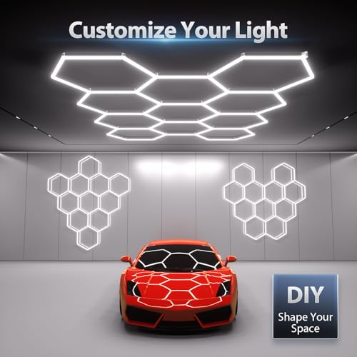 Litezone Hexagon Garage Lights: 322W 11 Grids Hexagon LED Lights - Easy Install 6500K Super Bright Honeycomb Lights Ceiling for Garage, Warehouse, Car Detailing Shop, Exhibition Hall, Gym
