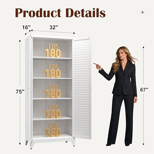 SteeLoong Kitchen Pantry Cabinet,75" Metal Storage Cabinet with Doors and 4 Adjustable Shelves,White Tall Locker Organizer Steel Garage Cabinets for Tool,File Cabinet for Office,Kitchen,Garage,School