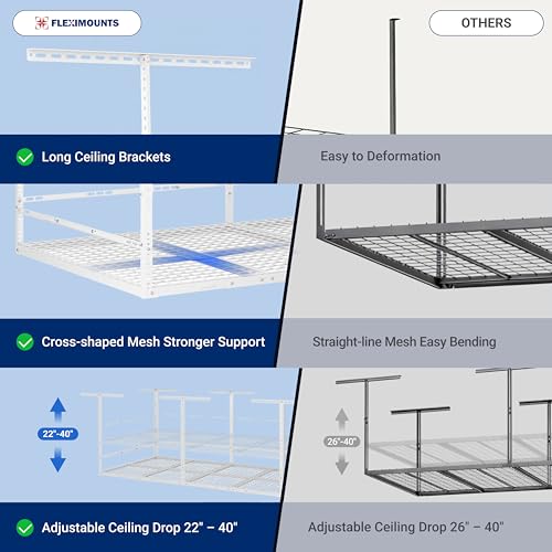 FLEXIMOUNTS 4x8ft Overhead Garage Storage Rack with Safety Rails, White