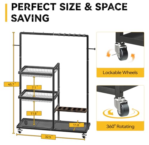 SOYEEZE Fishing Rod Holders for Garage, Fishing Pole Rack-360 Degree Rotating, Floor Stand Fishing Rod Storage Holds Up to 12 Rods, Space-Saving Pole Organizer with Unique Hook & Basket Design