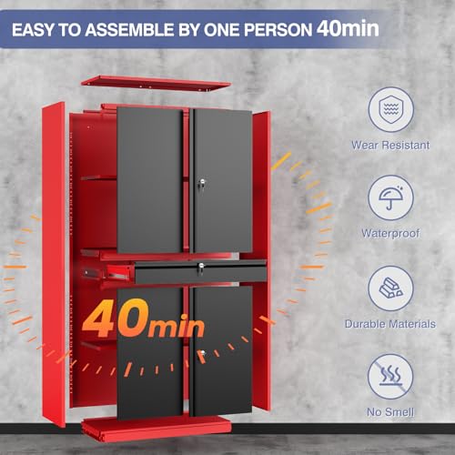LISSIMO Metal Garage Storage Cabinet with Locking Doors and Drawer, 71" Steel Tool Storage Cabinet with Adjustable Shelves for Garage,Office,Warehouse (Red Black)