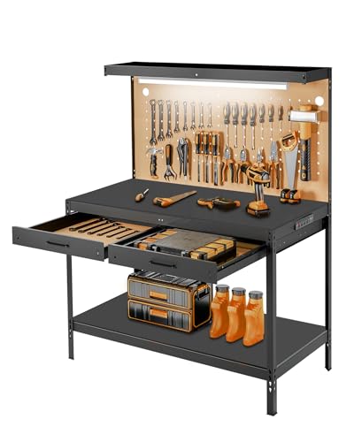 Pterying Work Benches for Garage, Heavy Duty Workbench with Drawers, Lights, Pegboard & 12 Hooks, 600LBS Capacity, Suitable for Tool Organizers and Storage for Workshop, Basement, Garden