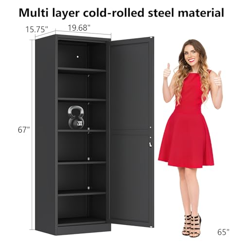 Lusiwry Tall Narrow Slim Metal Storage Cabinet with Lock and 5 Adjustable Shelves,Steel File Cabinets,Kitchen Pantry Cabinet Locker Organizer - 67" Storage Cabinets for Bathroom,Bedroom,Office,Black