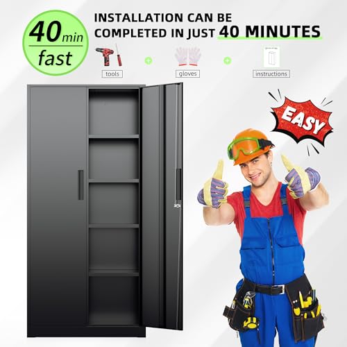 INTERGREAT Black Metal Storage Cabinet, 72" Locking Steel Cabinets with 2 Door and 4 Adjustable Shelves, Tall Metal Cabinet for Home Office, Garage, Warehouse