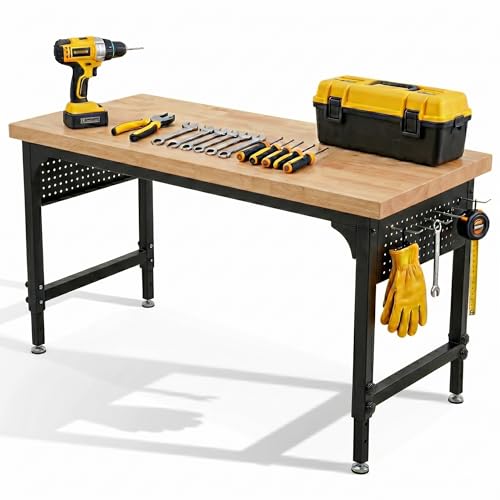 60" Adjustable Heavy Duty Workbench, 2300 LBS Load Capacity Hardwood Work Table with Pegboard, Power Outlets, USB & Type-C Ports, Work Bench for Garage, Office, Workshop, Home, Workstation