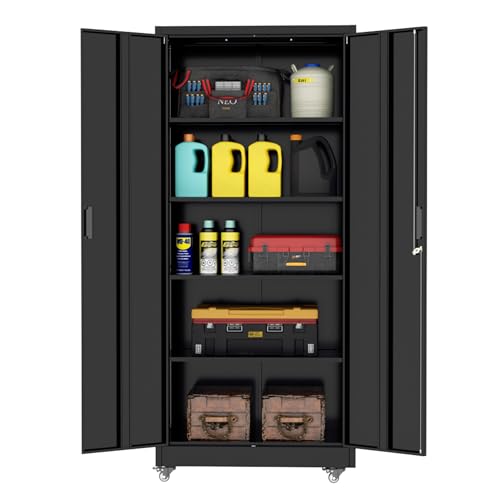 INTERGREAT Metal Storage Cabinet with Wheels, 73" Garage Storage Cabinets with Door and 4 Shelves, Tool Storage Locker on Caster for Home, Office, Black