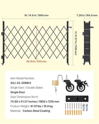 VEVOR Single Folding Security Gate, Lockable Scissor Gate with 360° Swivel Casters, Outdoor Barricade Steel Retractable Gates, for Entry Security, Garage, Warehouse & Pool, 74.80 x 51.57 in (W x H)