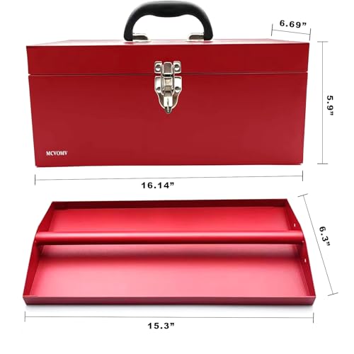 16" Portable Steel Heavy-duty Large Tool Box 18-Gauge Fishing Tackle Box Tool Box Drawer Organizer With Metal Latch and Handle Red