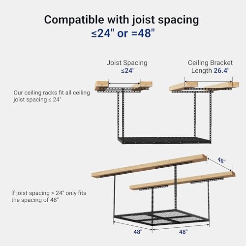 FLEXIMOUNTS 4x4FT Garage Storage Rack Overhead, Adjustable Ceiling Storage Racks, Metal Garage Organization System with 350LBS Weight Capacity(Black), Classic Series