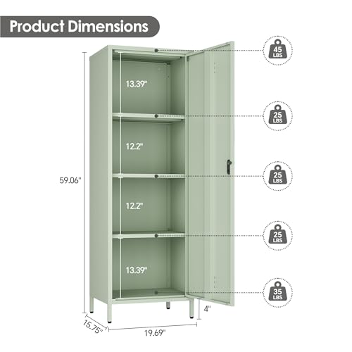 Epochsteele Metal Locker Storage Cabinets Lockable Single File Storage Cabinet with Door and Removable Shelves Kids Locker for School Gym Pantry Kitchen (Green)