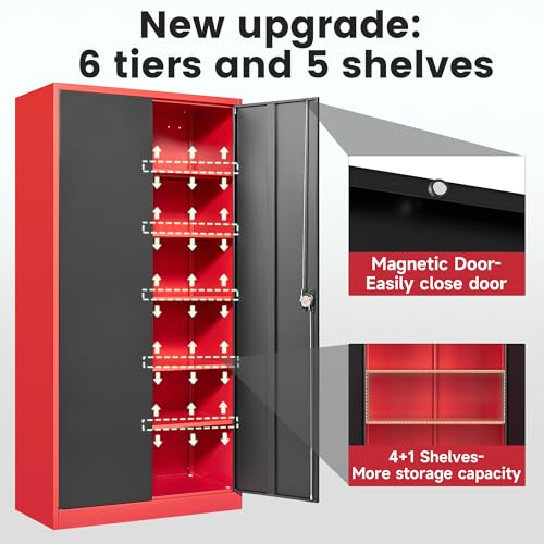 Letaya Metal Storage Cabinets with Lock, 71" Tall Locker Organizer Steel Cabinets, Adjustable Shelves 2 Doors for Home, Office, Warehouse,Garage,Industrial,Employee Lockers (Style B, Black Red)
