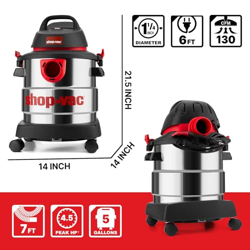Shop-Vac 5989305 Wet/Dry Vacuum, 5 Gallon, 4.5 Peak HP Stainless Steel Vacuum, 1.25 Inch Diameter x 7 Foot Hose, 6 Ft Cord Length, Ideal for Jobsite, Garage, Car & Workshop