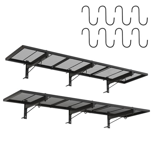 2 Pack Garage Wall Shelf, Heavy Duty Garage Shelving, 46"X 12.5" Wall Mounted Floating Shelves, Metal Hanging Storage Rack with 8 Hooks, Utility Organizer Max Load 320 LBS for Laundry Room, Workshop