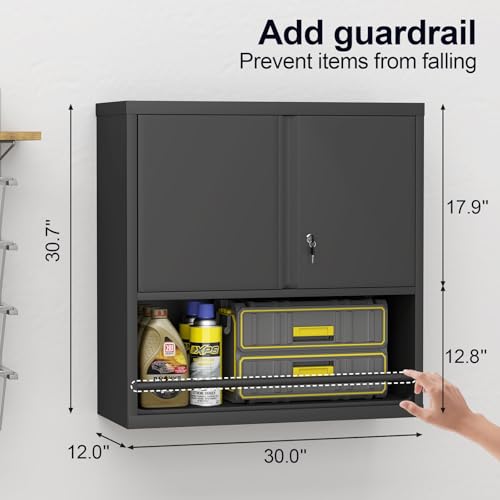 GREATMEET Locking Wall Mounted Garage Cabinet, Black Metal Steel Hanging Storage Cabinets, Lockable Tool Cabinet for Garage Shop, Floating Wall Mount Cabinet