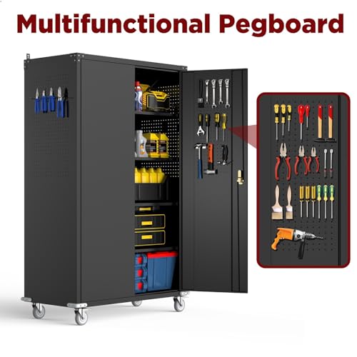 Reykilor Tall & Wide Metal Garage Storage Cabinet with 4 Adjustable Shelves, 43''W x 22''D x 72''H with Wheels & Pegboards, Heavy Duty Lockable Garage Cabinet for Warehouse, Basement, Office, Gym