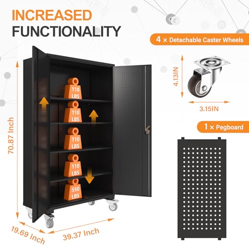 ANTISTA Large Metal Cabinet Two Lockable Doors Four Wheels,Four Adjustable dividers can be Used as Tool File Storage Suitable for garages Schools Gyms Offices