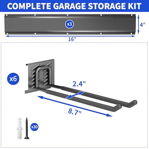 CRXCRC Garage Tool Organizer Wall Mount, 48 Inch Heavy Duty Garden Tool Organizer Storage System, Easy Install with 6 Adjustable Straight Hooks, for Garage, Basement, Shed, Workshop, Black, Steel