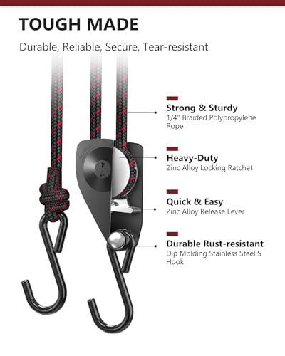 VIPARSPECTRA Ratchet Tie Down Straps, 1/4" Adjustable Rope Hangers [8 Pack, 12FT, 150 lbs/Pack], Heavy Duty Kayak Pulley System with Hooks for Garage Cargo Trucks Tents Grow Lights Various Lashing