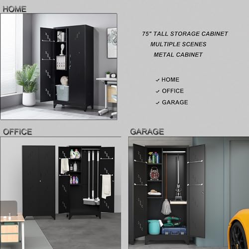 ZONLESON Metal Storage Cabinet, 75" Tall Garage Storage, Utility Cabinet for Brooms and Mops, Metal Locker with Hanging Rod for Garage, Home, Office, Laundry Room, School, Gym, Warehouses, Black