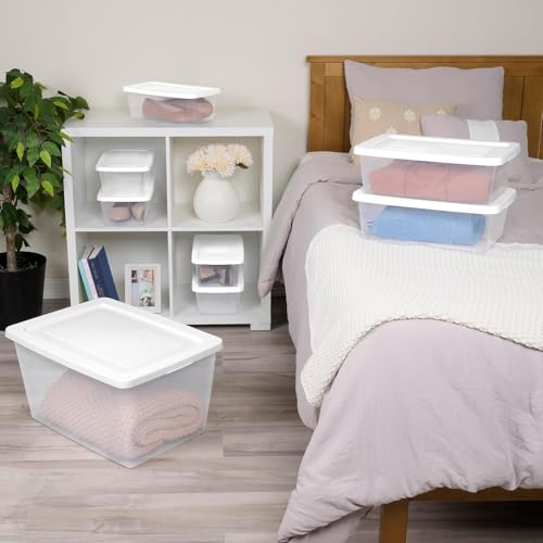 Sterilite 6 Quart Clear Storage Bins with Lids, 18-Pack Plastic Storage Containers, Clear Stackable Storage Bins Box for Closet, Garage, Classroom, Home Organization and Storage, Cloth Included