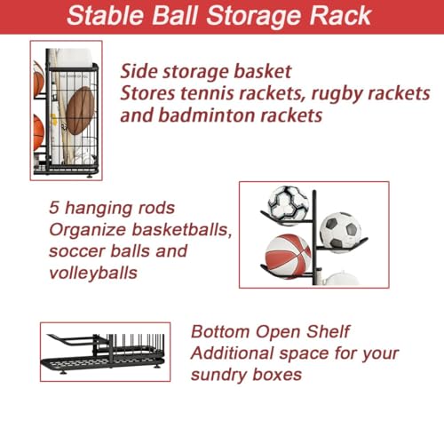 INGIORDAR Basketball Ball Storage Rack Freestanding Organizer Sport Equipment Garage Stand 6 Tier for Football Volleyball Soccer Indoor Outdoor, Black
