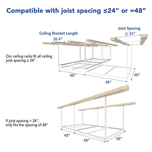 FLEXIMOUNTS 4x8 Overhead Garage Storage Rack without Decking,plus 2-Pack Add-On Storage Utility Hook Accessory,600lbs Weight Capacity, White