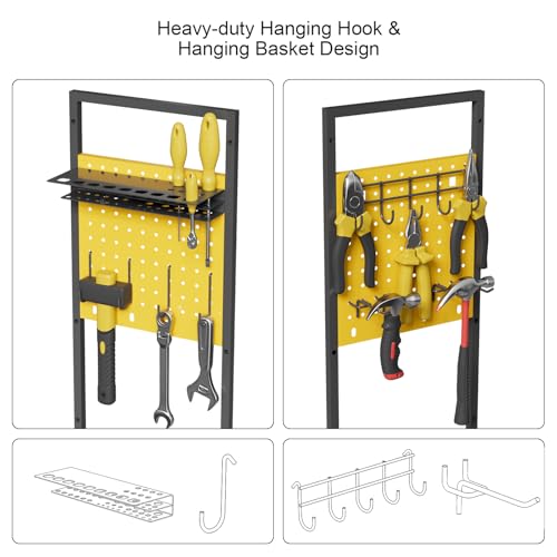 Power Tool Organizer Cart with Charging Station, Heavy Duty Garage Tool Organizer Rolling Tool Battery Storage with 8-Outlet Power Strip, 4 Wheels, 2 Hanging Baskets, 8 Hooks, Drill Bit Holder, Yellow