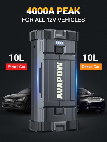 AVAPOW Car Jump Starter, 4000A Peak Battery (for All Gas or Up to 10L Diesel), Portable Booster Power Pack, 12V Auto Jump Box with LED Light, USB Quick Charge 3.0