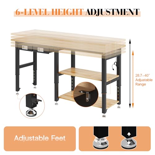 SPECRAFT 72" 2-Tier Heavy Duty Work Bench with Drawer & Pegboard, Workbench with Storage, Adjustable Height – 5200 LBS Capacity, Power Outlets, for Garage, Workshop & Home Use