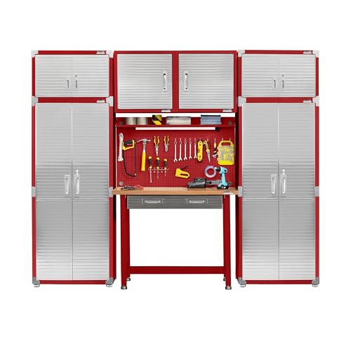 Seville Classics UltraHD 2-Piece Heavy Duty Mega Solid Steel Metal 2-Door Lockable Stacker Wall Storage, Cabinet Set Organizer for Garage, Office, Classroom, Red, 30" W x 18" D x 90.5" H