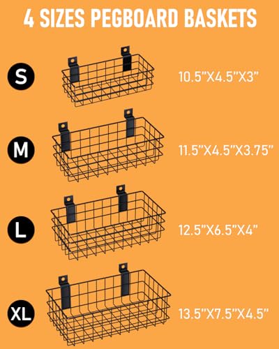 INCLY 4 Pack Black Slatwall Baskets Set, Ventilated Metal Hanging Storage Slat Wall Basket, Mounted Slatwall Accessories for Garage Rooms Shops Storage Organizing Display on Slatwall Panels