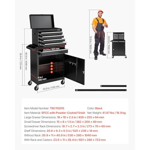 VEVOR Rolling Tool Chest, 2-in-1 Design, 5 Drawers Tool Cabinet Organizer with Detachable Top Metal Toolbox, Lock Bar, Protective Liner, and Tools Rack, Garage Storage Cabinet for Warehouse, Workshop