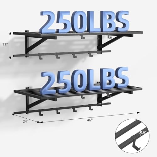 ZHNSYDN 2-Pack 2x4ft Garage Shelving Wall Mounted, Heavy Duty Garage Storage Shelves with 12 Hooks, 2' x 4' Wall Mount Shelves with 500LBS Capacaity