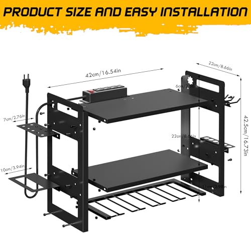 TOPRINCE Power Tool Organizer Wall Mount with Charging Station, 3-Tier Heavy Duty Metal Tool Rack with 4 Drill Holders and 6FT Power Strip, Garage Workshop Storage.Black