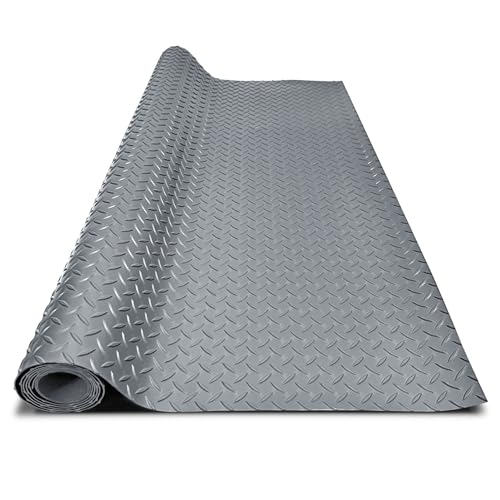 4x10FT Garage Floor Mat, 2.8mm Thickened Flooring Roll for Under Car, Golf Cart Parking Mat, Diamond Plate PVC Rubber Motorcycle Mat, Non-Slip Floor Protector for Garage Warehouse Trailer, Grey