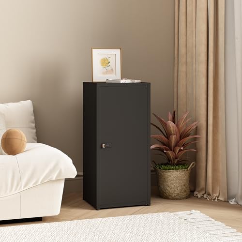 MIOCASA Metal Storage Cabinet with Lock, 3 Adjustable Shelves Single Door Steel Locker for Home, Office & Garage (Black)