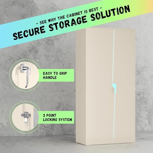 SUNCROWN Metal Storage Cabinets with Lock, Tool Cabinet, 72" Locking Steel Storage, Tall Locker Organizer Garage Cabinets with 2 Doors and 4 Shelves for Home,Office,Warehouse,Garage,School(Warm Grey)