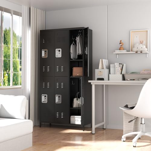 OPTYMIRA 72" Tall Employees Locker with Shelves and Hooks 6 Doors Steel Sports Locker for Office Home Bedroom School Gym Garage, Metal Staff Locker Black Locking Storage Lockers