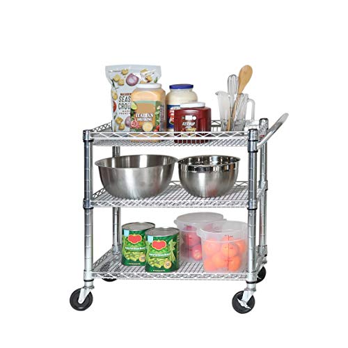 Seville Classics UltraDurable NSF Commercial Heavy Duty Metal Rolling Utility Cart, Handle Bar for Restaurant, Garage, Warehouse, Kitchen, Office, Deep Top Basket (34.8"W x 18.25"D)
