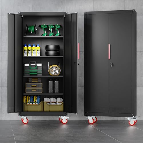 LMTC 71" H Garage Storage Cabinet with 4 Adjustable Shelves and Wheels, Lockable Metal Storage Cabinet for Garage, Home, Warehouse, Assembly Required,Black