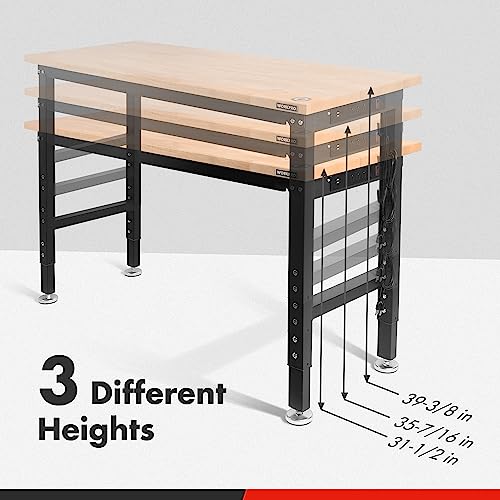 WORKPRO 48" Adjustable Workbench, Rubber Wood Top Heavy-Duty Workstation, 2000 LBS Load Capacity Hardwood Worktable with Power Outlets, for Workshop, Garage