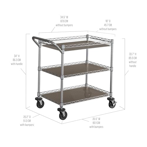 Seville Classics UltraDurable NSF Commercial Heavy Duty Metal Rolling Utility Cart, w/ Steel Shelves, Handle Bar for Restaurant, Garage, Warehouse, Kitchen, Office, Top Basket 35.5"W x 20.25"D, Chrome