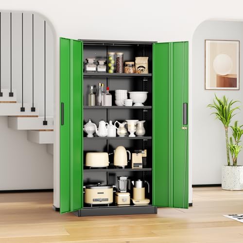 INTERGREAT Metal Lockable Storage Cabinet, 72” Storage Cabinet with 2 Doors and 4 Adjustable Shelves for Office, Home, Garage, Pantry (Assembly Required, Black Green)