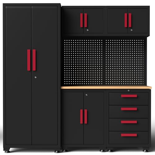 Tsnritor Garage Storage Cabinet System, 6-Pcs Garage Cabinets and Storage System Corner Workshop Set with Corner Cabinet, Cabinet Drawers, Workbench, Pegboard for Tool Organization, Black and Red