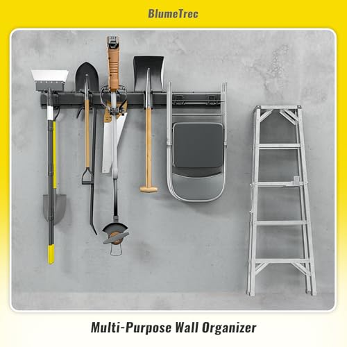 BlumeTrec Garage Tool Organizer Wall Mount, 48" Heavy-Duty Metal Wall Organizer, 3 Rails with 6 Adjustable Hooks, Garden Storage Rack for Organization Sturdy Tool Hanging Holder for Shovel Shed Yard