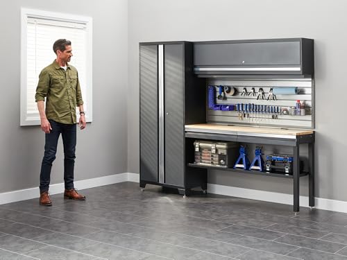 NewAge Products Bold Series Gray 5 Piece Set with 30 in Locker, 60 in Wall Cabinet, 60 in RTA Workbench and Stainless Steel Worktop, 24-Gauge Heavy Duty Steel Garage Storage Cabinets, 73513