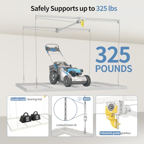 Overhead Garage Storage Rack – 4x8 FT Garage Ceiling Storage Racks with Safety Lock, Heavy-Duty Ceiling Mounted Lift System and Storage Organizer, Ideal for Maximizing Overhead Space, 325 lbs Capacity